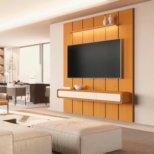 Home Painel Suspenso 180cm Para TV 75¨ Gavetas LED Liv 1.8 EDN Cedro/Cedro Off White