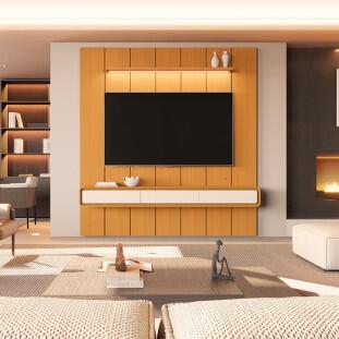 Home Painel Suspenso 220cm Para TV 85¨ Gavetas LED Liv 2.2 Cedro/Cedro Off White