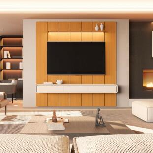 Home Painel Suspenso 220cm Para TV 85¨ Gavetas LED Liv 2.2 Cedro/Off White