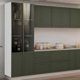 Módulo Paneleiro 208x70x56cm 4P Com Vidro Reflecta Cozinha Provence Robel Branco/Salvia Matte