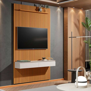 Painel Home Ripado Arbo 140x240cm Com Nicho Aspen EDN Cedro/Off White