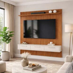 Painel Para TV 75" Frisado Atlas 186x180cm Bancada Bali Lukaliam Jequitiba/Off White