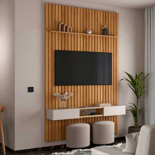 Painel Ripado Bali 150cm x 250cm Para TV 65 Com Bancada Bless Lukaliam Freijo/Off White