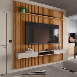 Painel Ripado Bali 234cm x 250cm Para TV 75 Com Bancada Bless Lukaliam Freijo/Off White