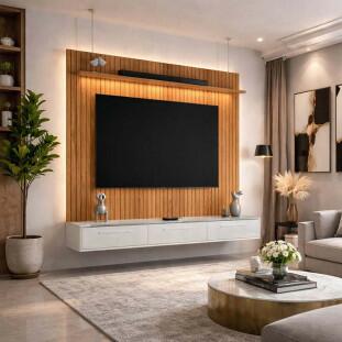 Painel Évora para TV 75” com Bancada Bali 180cm Lukaliam Jequitiba Ripado 3D/Off White