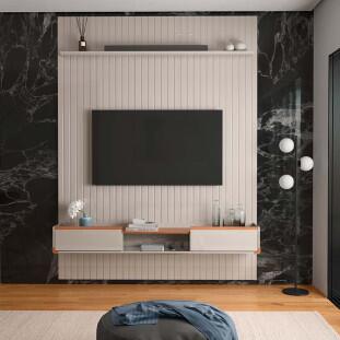Painel Frisado 191x250cm Oslo Para TV 75 Bancada Atlas Lukaliam Off White/Jequitiba