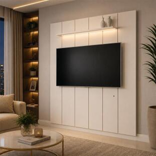 Painel Ripado Moderno Para TV 75¨ Com LED 180cm Lumi 1.8 EDN Off White