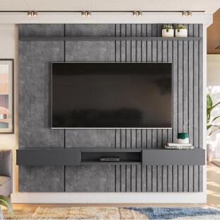 Painel Ripado 225cm Para TV 75 Polegadas Bless 2.3 Lukaliam Cimento Queimado