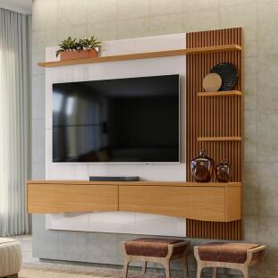 Painel Para TV 65 Polegadas 180cm Europa Lukaliam Off White/Tauari Ripado 3D