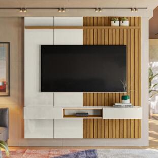 Painel Ripado 190cm Para TV 75 Polegadas Bless 1.9 Lukaliam Off White/Freijo