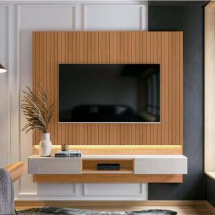 Painel Para TV 70 Polegadas 180cm Com LED Paris Lukaliam Jequitiba Ripado 3D/Off White Perolizado