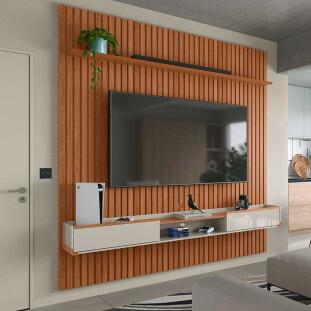 Painel Ripado Bali 234cm x 250cm Para TV 75 Com Bancada Atlas Lukaliam Jequitiba/Off White