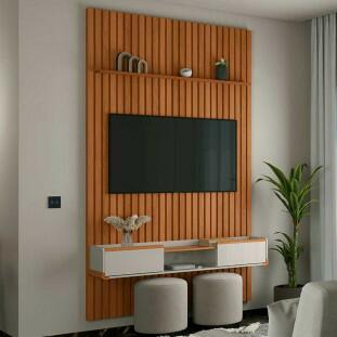 Painel Ripado Bali 150cm x 250cm Para TV 65 Com Bancada Atlas Lukaliam Jequitiba/Off White