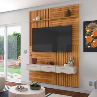 Painel Ripado Para TV 70 Polegadas 177cm x 250cm Sierra 1.8 Lukaliam Freijo/Off White