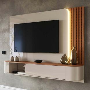 Painel Para TV 65" Ripado Com LED 183cm Alvorada Lukaliam Off White/Jequitiba