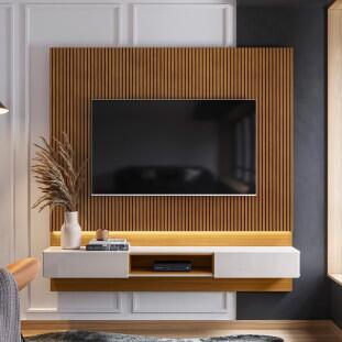 Painel Para TV 70 Polegadas 180cm Com LED Paris Lukaliam Tauari Ripado 3D/Off White Perolizado