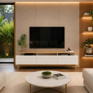 Rack Para Sala 3 Gavetas TV 75 Pol 218x65x40cm 3G+ 2.2 Classic Imcal Off White/Nature