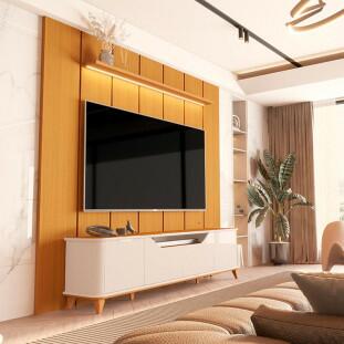 Rack Aron 200cm com Painel Ripado Lumi 220x240cm Para TV até 85" EDN Cedro/Off White