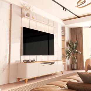 Rack Aron 200cm com Painel Ripado Lumi 220x240cm Para TV até 85" EDN Off White