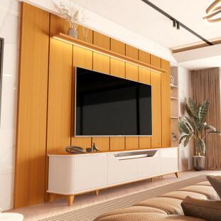 Rack Aron 240cm com Painel Ripado Lumi 280x240cm Para TV até 85" EDN Cedro/Off White