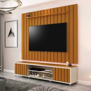 Rack Com Painel Ripado 218cm Para TV 75 Polegadas Brise 2.2 EDN Off White/Cedro