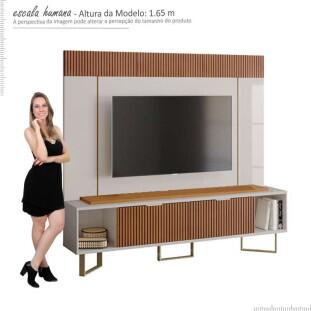 Rack Com Painel Para TV 75 Polegadas Sagary 2.1 EAX Móveis Off White/Tauari Ripado