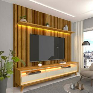 Rack Com Painel Ripado 3D TV 75 Polegadas 224cm Requinte Pés Madeira Gelius Naturale/Off White