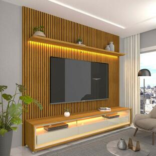 Rack Com Painel Ripado 3D TV 75 Polegadas 224cm Requinte Rodízios Gelius Naturale/Off White