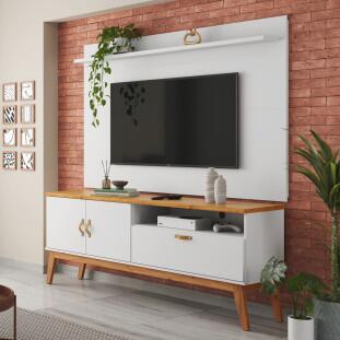 Rack com Painel Pequeno 136cm Quarto Sala Para TV 55 Sirius 1.4 Patrimar Branco Cinamomo/Branco