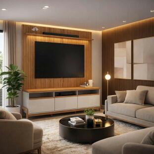Rack Elegance 190cm + Painel Évora 180cm TV 75" Lukaliam Jequitiba Ripado 3D/Off White
