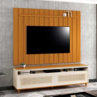 Rack Com Painel Ripado 180cm Para TV 75 Polegadas Hannover Brise 1.8 EDN Off White/Cedro