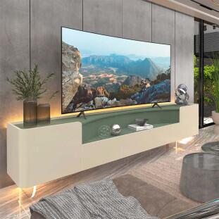 Rack Para TV Até 85 Polegadas Com LED 230cm Pés de Vidro Infinity Gelius Off White/Verde Floresta