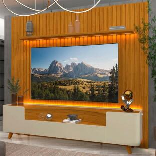 Rack Infinity Pés Madeira Com Painel Ripado Nobre TV 85 Pol 230x250 Gelius Naturale/Off White