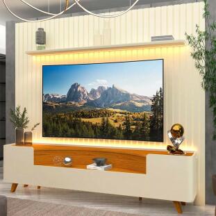 Rack Infinity Pés Madeira Com Painel Ripado Nobre TV 85 Pol 230x250 Gelius Off White/Naturale