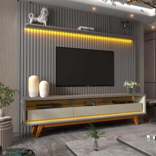 Rack Requinte Pés Madeira com Painel Ripado Nobre 230cm LED TV 85 Polegadas Gelius Cinza/Off White