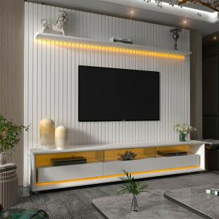 Rack Requinte Pés Rodízios com Painel Ripado Nobre 230cm LED TV 85 Polegadas Gelius Branco