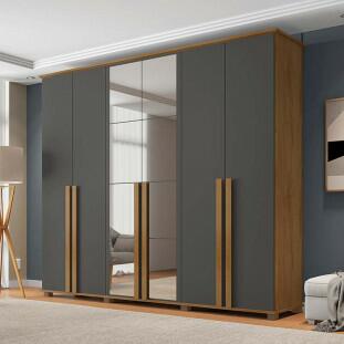 Guarda Roupa Casal 263cm 6 Portas Com Espelho Amsterdã RV Móveis Cinamomo/Grafite