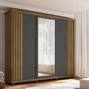 Guarda Roupa Casal Portas de Correr 271cm com Espelho Espanha RV Móveis Cinamomo Ripado/Grafite