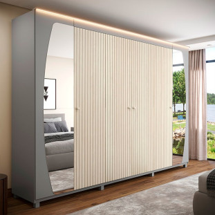 Guarda Roupa Casal Grande 273x242x64 Com Espelho e Pés Inovação Gelius Cinza/Ipê