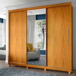 Guarda Roupa Grande Casal 3 Portas Correr 1 Porta de Espelho e Pés 228x226 Royale Gelius Naturale