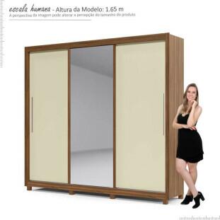 Guarda Roupa Casal Solteiro 3 Portas Correr 1 Porta de Espelho e Pés 228cm Royale Gelius Nogueira/Off White