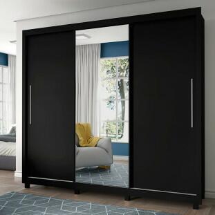 Guarda Roupa Grande Casal 3 Portas Correr 1 Porta de Espelho e Pés 228x226 Royale Gelius Preto