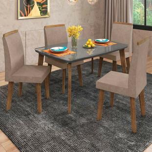 Conjunto Mesa de Jantar Tampo Vidro Com 04 Cadeiras 120x90 Jade RV Móveis Grafite/Pena Caramelo
