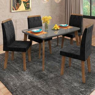 Conjunto Mesa de Jantar Tampo Vidro Com 04 Cadeiras 120x90 Jade RV Móveis Grafite/Preto