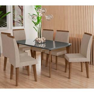 Conjunto Mesa de Jantar Tampo Vidro Com 06 Cadeiras 170x90 Jade RV Móveis Grafite/Pena Caramelo
