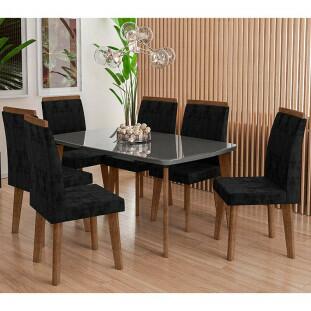Conjunto Mesa de Jantar Tampo Vidro Com 06 Cadeiras 170x90 Jade RV Móveis Grafite/Preto