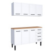 Cozinha Completa Balcão de Aço com Tampo Madeira e Armário Aéreo Juno 150 Cozimax Branco/Jequitiba