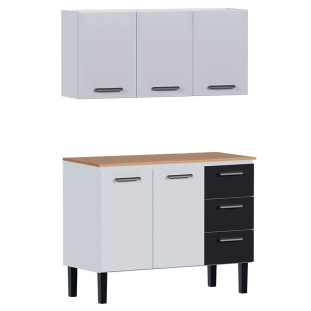 Cozinha de Aço Balcão Com Tampo Jequitiba e Armário Aéreo Novo Vênus 120 Cozimax Branco/Preto