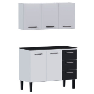 Cozinha de Aço Balcão Com Tampo Preto e Armário Aéreo Novo Vênus 120 Cozimax Branco/Preto