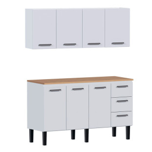 Cozinha de Aço Balcão Com Tampo Jequitiba e Armário Aéreo Novo Vênus 150 Cozimax Branco